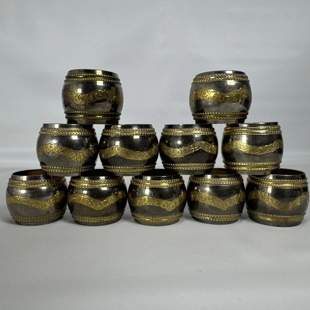 Vtg‎ Napkin Rings Brass Silver Plated Embossed Florals Lot Of 11
